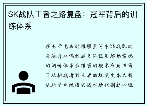 SK战队王者之路复盘：冠军背后的训练体系